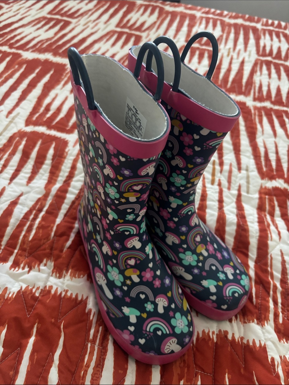 Western Chief Navy Kids Rain Boots with Rainbow & Floral Print and Pink size13